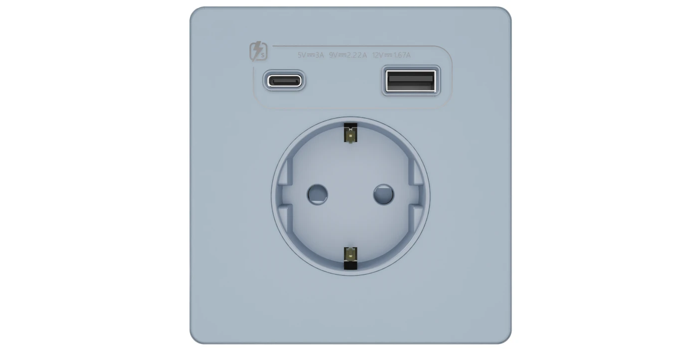 Розетка 250В/16А с заземлением и шторками с розеткой USB с двумя разъемами тип А и тип С