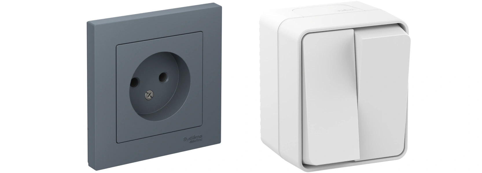 Розетка скрытого монтажа (слева), выключатель открытого монтажа (справа) серии AtlasDesign 