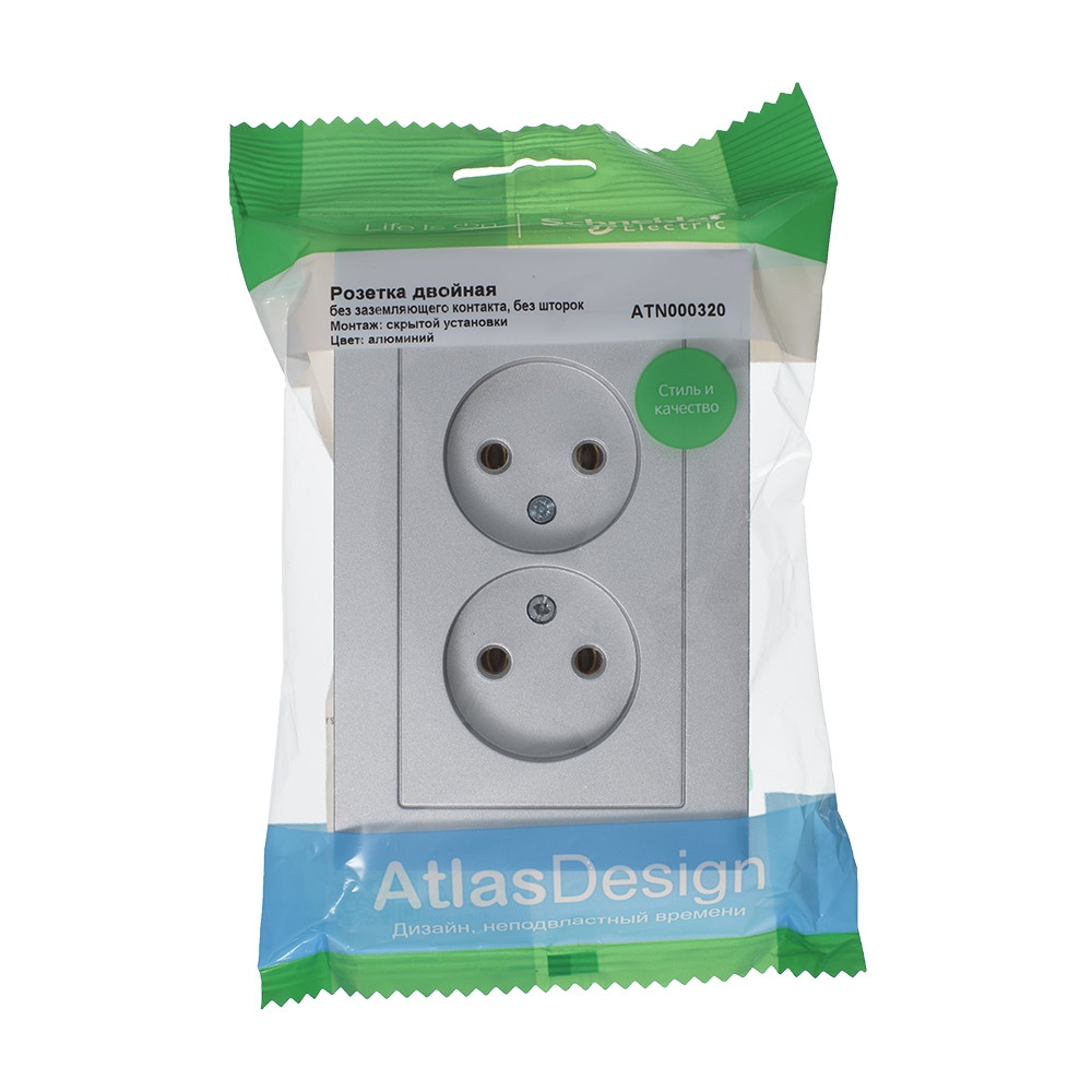 ATLASDESIGN РОЗЕТКА двойная без заземления, 16А, в сборе, АЛЮМИНИЙ