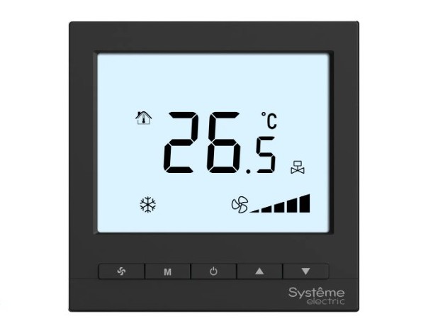 Термостат комнатный цифровой, О/Н/В/А для 4тр 3ск FCU и 2-поз.клап, 1UI 5DO Modbus ~230В BS чер
