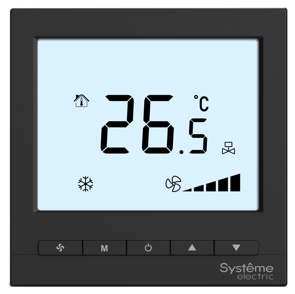 Термостат комнатный цифровой, О/Н/В/А для 4тр 3ск FCU и 2-поз.клап, 1UI 5DO Modbus ~230В BS чер