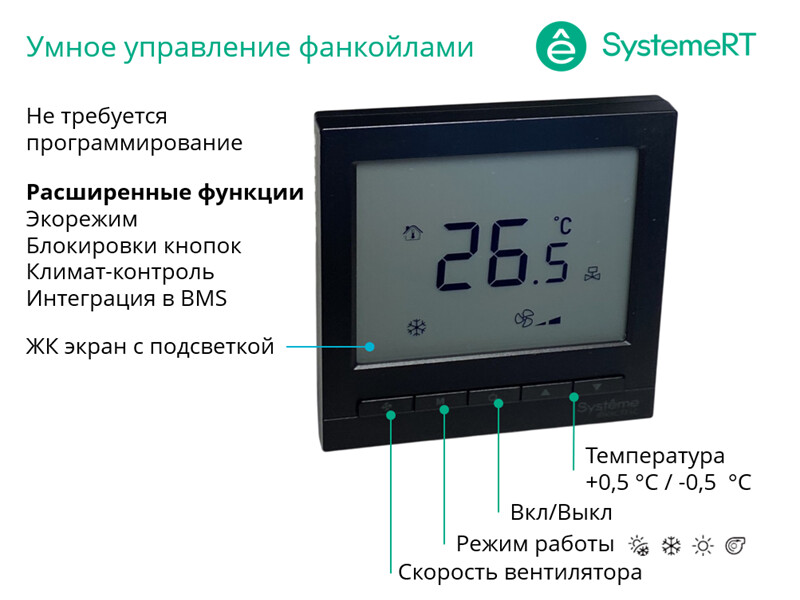 Термостат комнатный цифровой, О/Н/В/А для 4тр 3ск FCU и 2-поз.клап, 1UI 5DO Modbus ~230В BS чер
