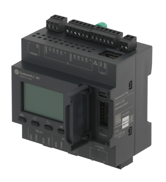 Интеллектуальное реле SR2, 24 VDC, дисплей, 8 UI (AI, DI), 4 DO (2 реле, 2 транз.), 1xRS485, 1xRJ45