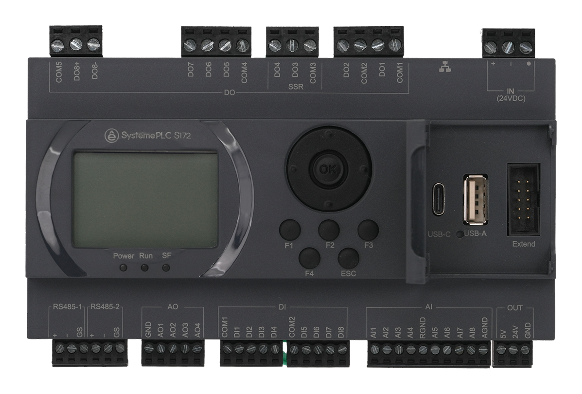 ПЛК S172; 24 VDC; дисплей; 28 IO: 8 DI, 8 DO (6 реле, 2 SSR), 8 AI, 4 AO, 2xRS485, 1xRJ45