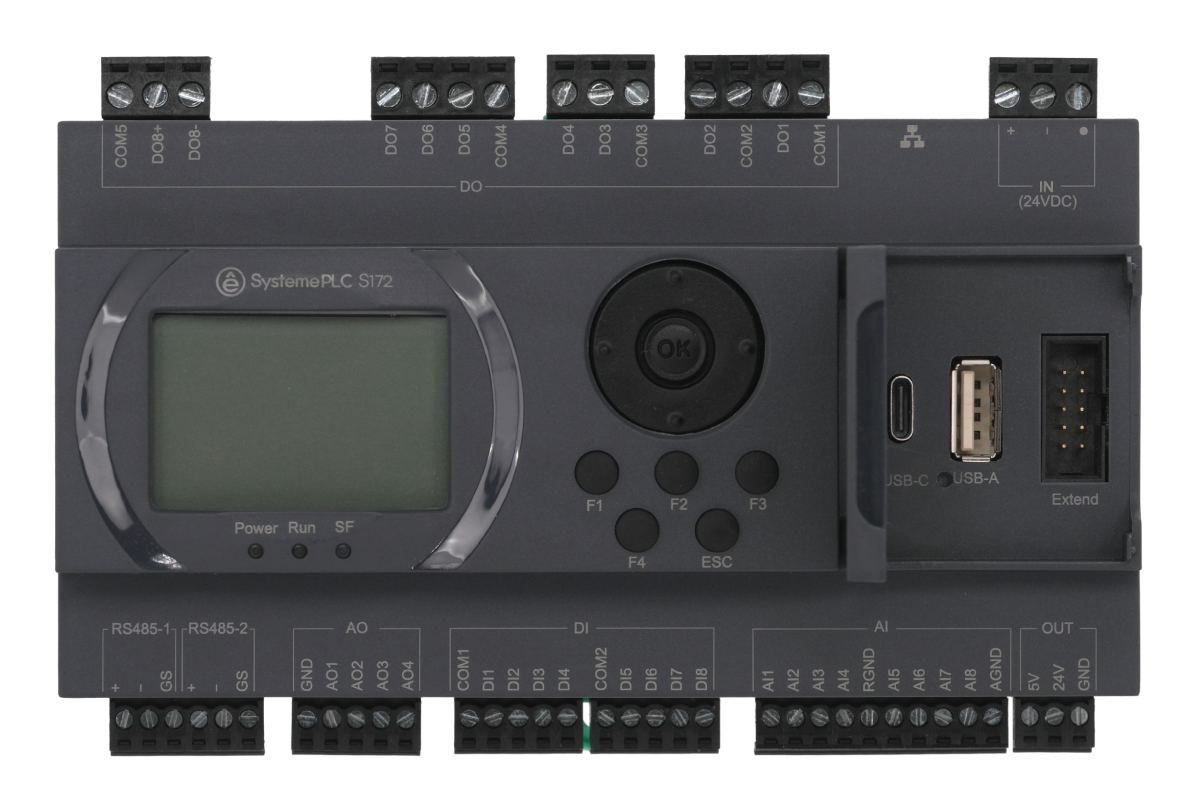 ПЛК S172; 24 VDC; дисплей; 28 IO: 8 DI, 8 DO (транзистор), 8 AI, 4 AO; 2xRS485, 1xRJ45