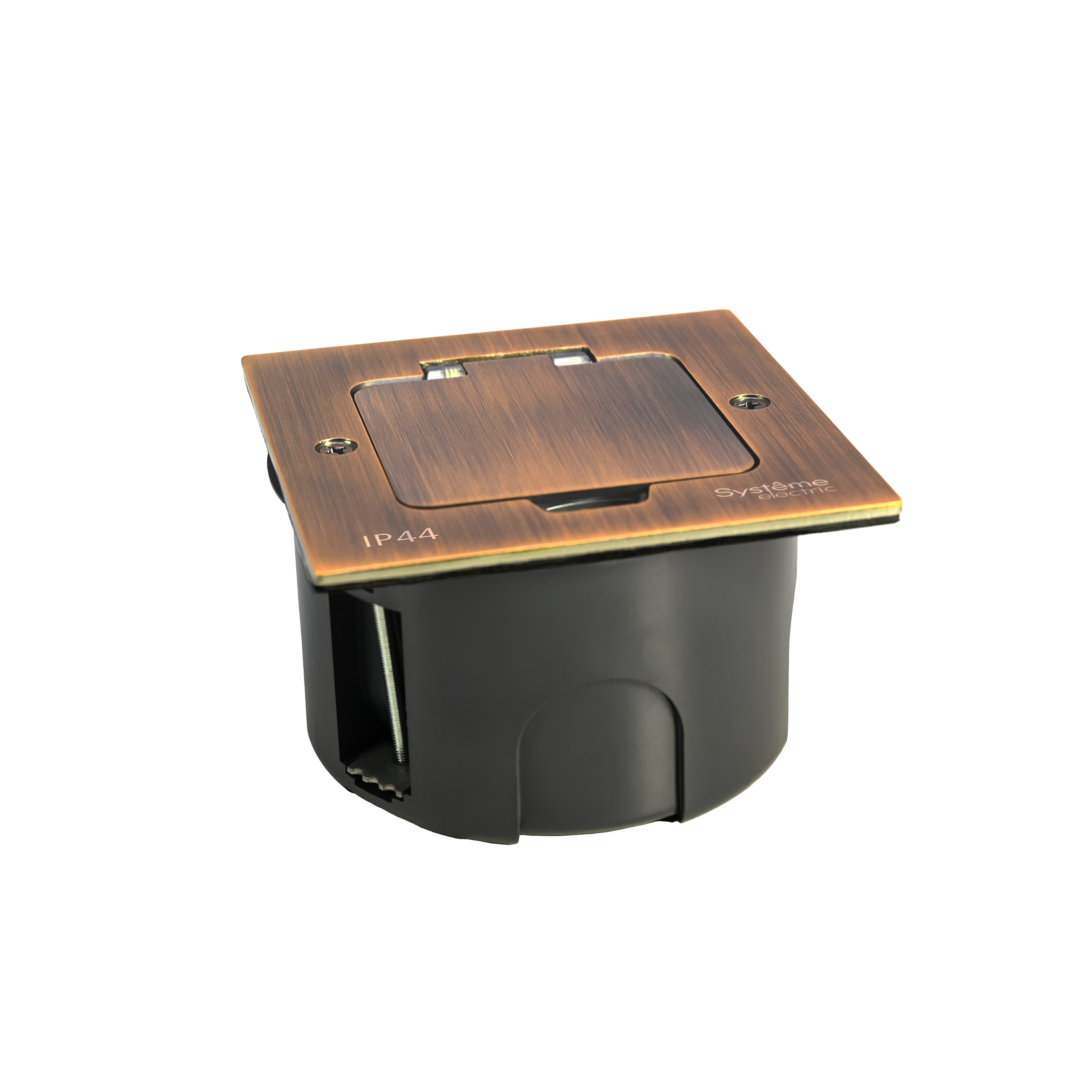 MultiDesk Лючок с розеткой 2К+З, 16А/250В, IP44 с коробкой д/стены,фальшпола,стола Медь, тип MDK21