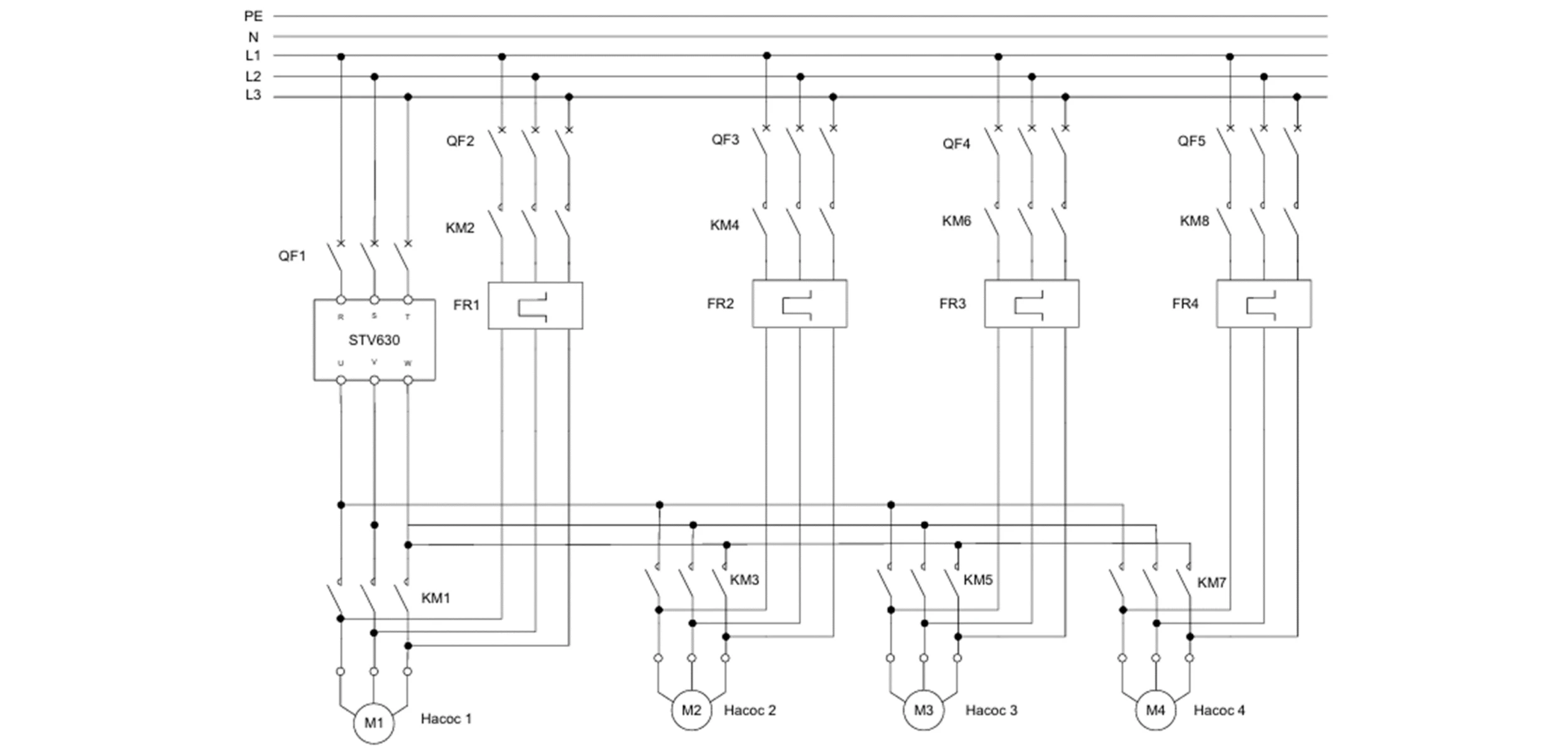 Принципиальная схемы насосной станции четырьмя насосами